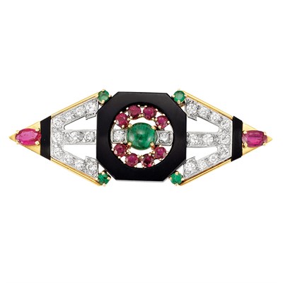 Lot 254 - Gold, Black Onyx, Emerald, Ruby and Diamond Brooch