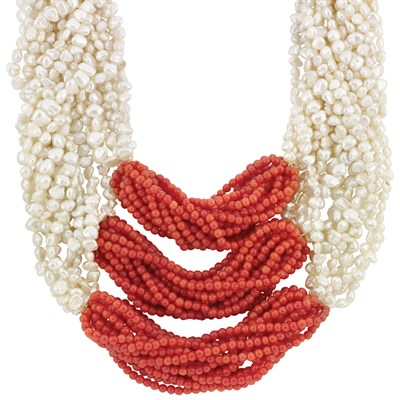 Lot 144 - Eighteen Strand Freshwater Pearl and Coral Bead Necklace with Gold Clasp