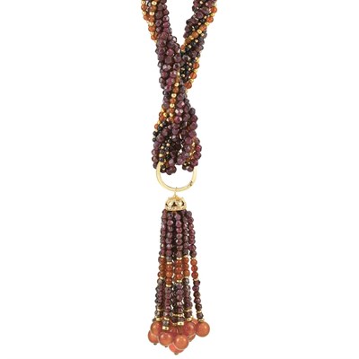 Lot 326 - Long Six Strand Garnet, Carnelian, Black Onyx and Gold Bead Torsade Necklace with Tassel Pendant