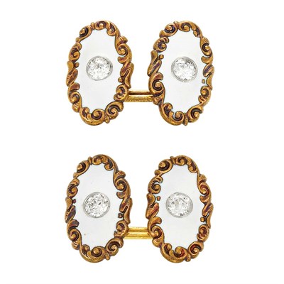 Lot 243 - Pair of Antique Gold, Platinum, White Enamel and Diamond Cufflinks