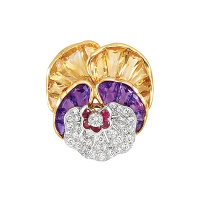 Lot 505 - Gold, Platinum, Diamond and Gem-Set Pansy Brooch, Oscar Heyman Bros.