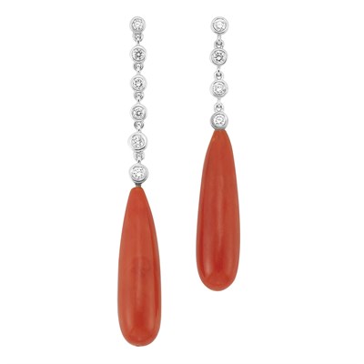 Lot 236 - Pair of White Gold, Diamond and Coral Pendant-Earrings