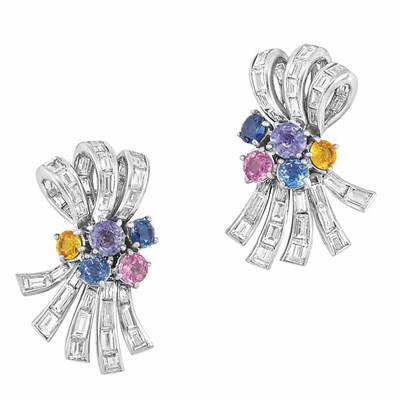 Lot 487 - Pair of Platinum, Multicolored Sapphire and Diamond Earrings