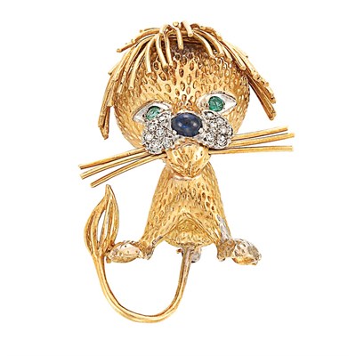 Lot 625 - Gold, Diamond, Emerald and Cabochon Sapphire Lion Brooch