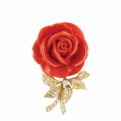 Lot 439 - Gold, Carved Coral and Diamond Flower Clip-Brooch, Boucheron, Paris