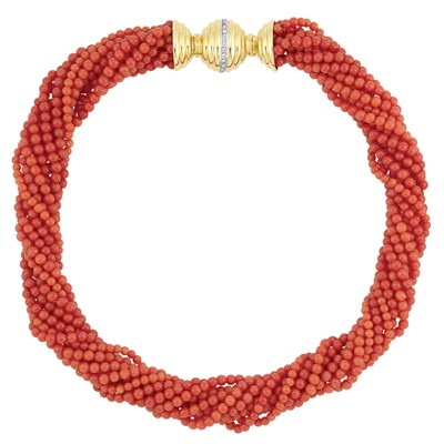 Lot 4 - Eleven Strand Coral Bead Torsade Necklace with Gold and Diamond Clasp