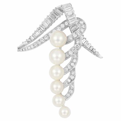 Lot 486 - Platinum, Cultured Pearl and Diamond Brooch, Cartier