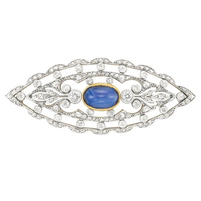 Lot 55 - Antique Silver, Gold, Cabochon Sapphire and Diamond Brooch