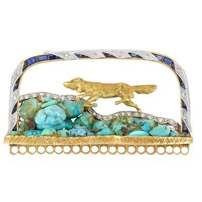 Lot 266 - Gold, Platinum, Turquoise, Diamond and Sapphire Brooch