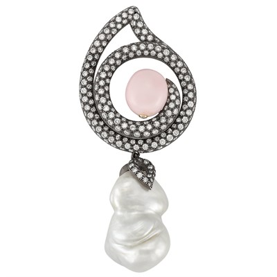 Lot 304 - Blackened Silver, Gold, Diamond, Conch Pearl and Baroque Cultured Pearl Brooch, Christopher Walling