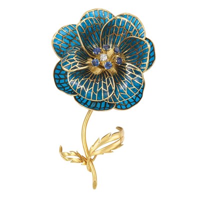 Lot 386 - Gold, Blue Plique-a-Jour Enamel, Diamond and Sapphire Flower Clip-Brooch, France