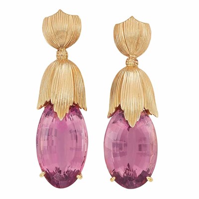 Lot 512 - Pair of Gold and Pink Tourmaline Pendant-Earclips, Buccellati