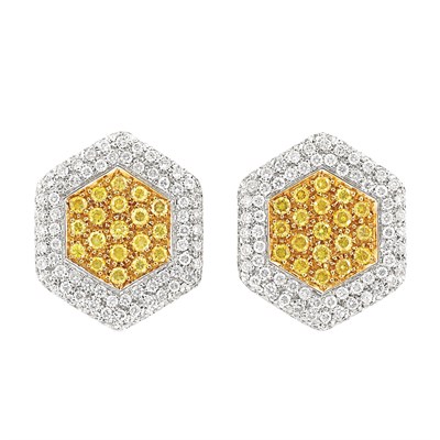 Lot 306 - Pair of Two-Color Gold, Yellow Diamond and Diamond Earclips