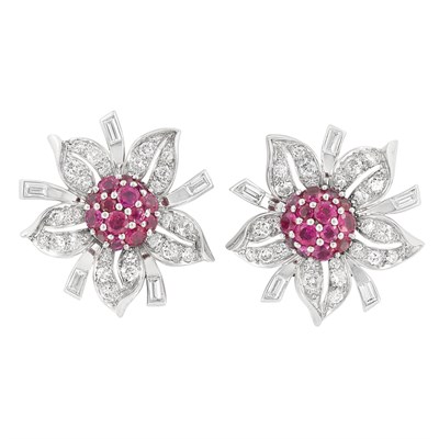 Lot 303 - Pair of Platinum, Ruby and Diamond Flower Earclips