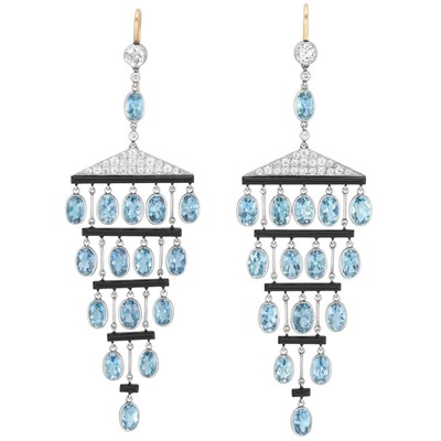 Lot 56 - Pair of Platinum, Gold, Diamond, Aquamarine and Black Enamel Pendant-Earrings