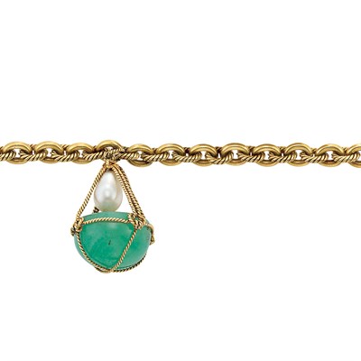 Lot 123 - Gold Link Bracelet with Cabochon Emerald and Baroque Cultured Pearl Charm