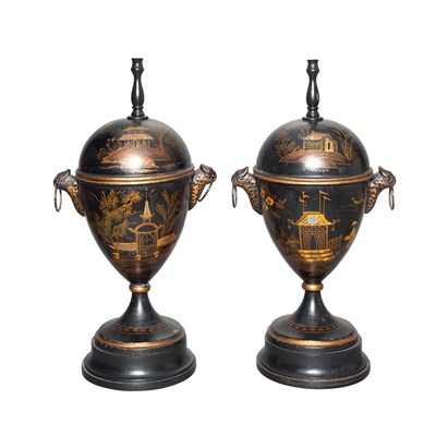 Lot 248 - Pair of Black Painted Tole Lamps Each with a...