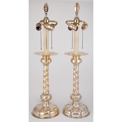 Lot 374 - Pair of Sterling Silver Candlestick Lamps...