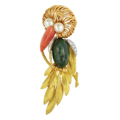 Lot 376 - Gold, Platinum, Cultured Pearl, Coral, Green Hardstone and Diamond Parrot Brooch, France