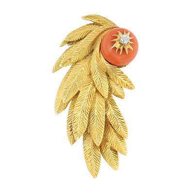 Lot 13 - Gold, Coral and Diamond Leaf Brooch, E. Pearl