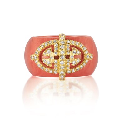 Lot 430 - Wide Coral, Gold and Diamond Band Ring, Henry Dunay