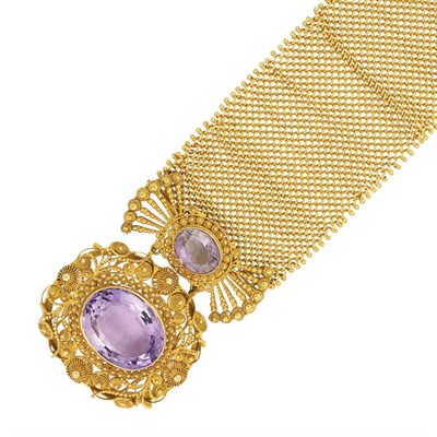 Lot 363 - Antique Cannetille Gold and Amethyst Mesh Cuff Bracelet