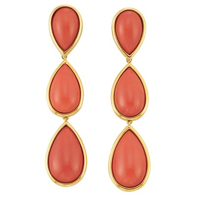 Lot 379 - Pair of Gold and Coral Pendant-Earclips