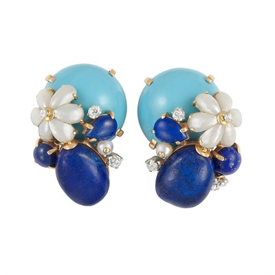 Lot 423 - Pair of Gold, Turquoise, Lapis, Diamond and Freshwater Pearl Clip-Brooches, Seaman Schepps