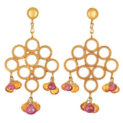 Lot 273 - Pair of High Karat Gold, Pink Tourmaline and Citrine Briolette Pendant-Earrings