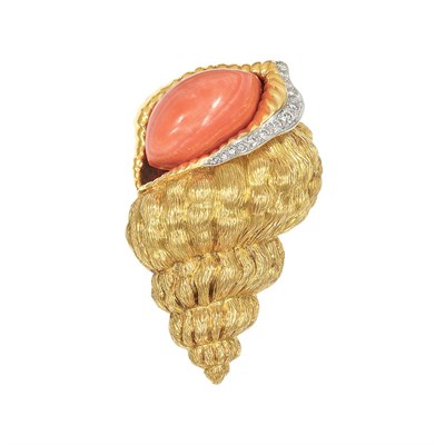 Lot 427 - Gold, Platinum, Coral and Diamond Shell Clip-Brooch, David Webb
