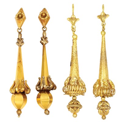 Lot 188 - Two Pairs of Antique Gold Pendant-Earrings