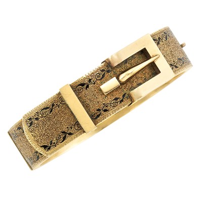 Lot 196 - Antique Low Karat Gold and Black Enamel Buckle Bangle Bracelet