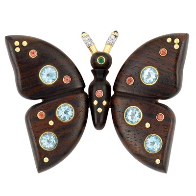 Lot 278 - Wood, Gold, Gem-Set and Diamond Butterfly Brooch