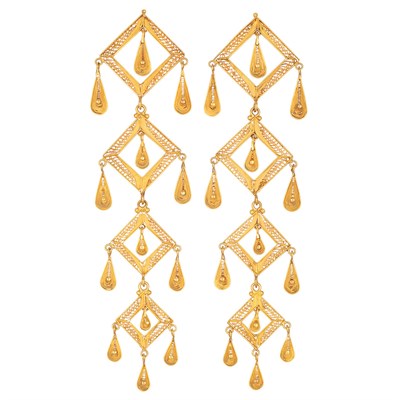 Lot 284 - Pair of Long Gold Filigree Pendant-Earrings