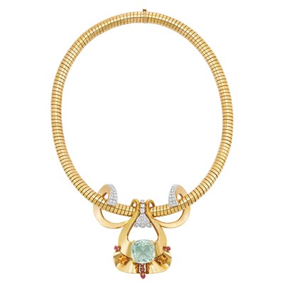Lot 77 - Retro Gold Necklace with Gold, Platinum, Blue Topaz, Diamond and Gem-Set Pendant