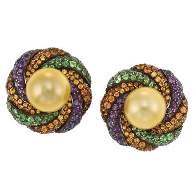 Lot 151 - Pair of Blackened Gold, Golden Cultured Pearl and Gem-Set Earclips