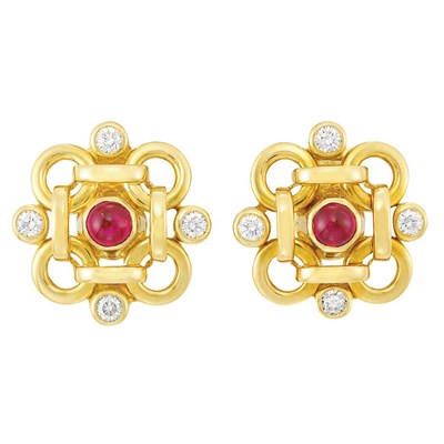 Lot 292 - Pair of Gold, Cabochon Ruby and Diamond Earclips, by Marvin Schluger