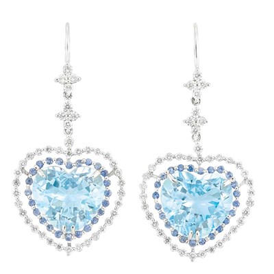 Lot 44 - Pair of White Gold, Blue Topaz, Diamond and Sapphire Pendant-Earrings