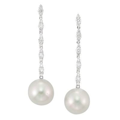 Lot 162 - Pair of White Gold, Diamond and Cultured Pearl Pendant-Earrings