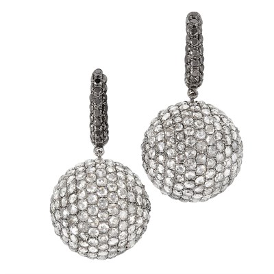 Lot 180 - Pair of Blackened Gold, Black Diamond and Diamond Pendant-Earrings