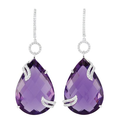 Lot 220 - Pair of White Gold, Amethyst and Diamond Pendant-Earrings