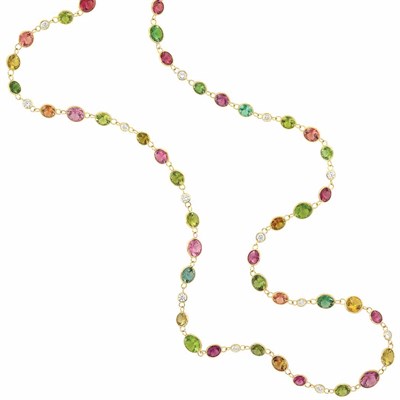 Lot 504 - Long Gold, Multicolored Tourmaline and Diamond Chain Necklace