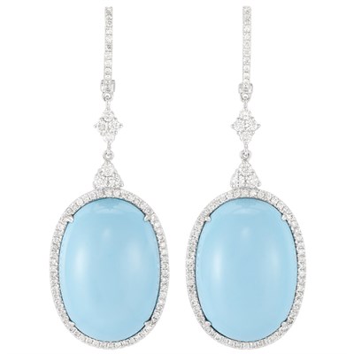 Lot 224 - Pair of White Gold, Turquoise and Diamond Pendant-Earrings