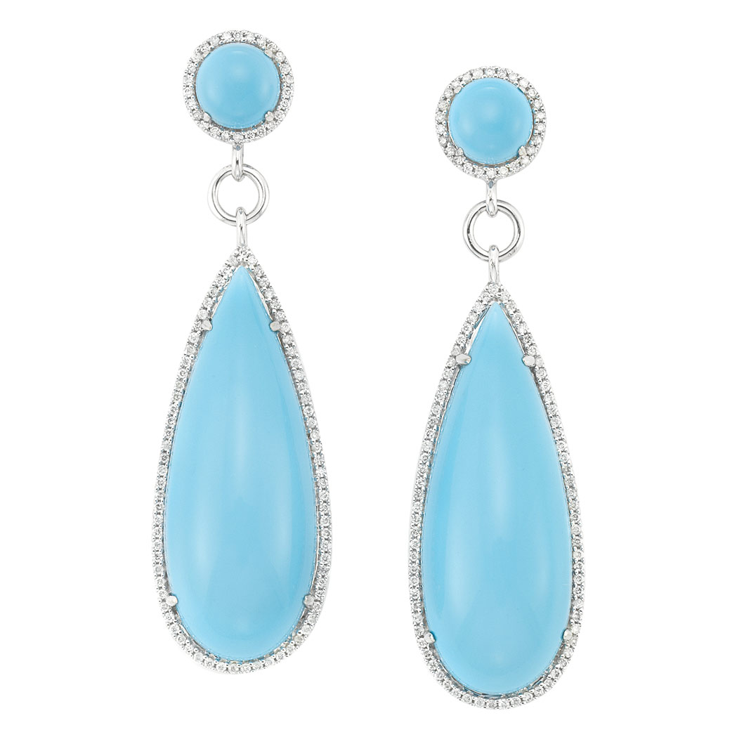 Lot 173 - Pair of White Gold, Turquoise and Diamond Pendant-Earrings