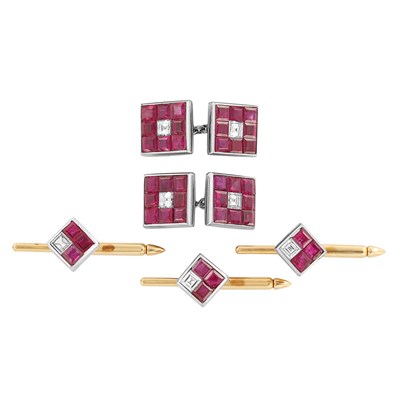 Lot 228 - White Gold, Invisibly-Set Ruby and Diamond Dress Set