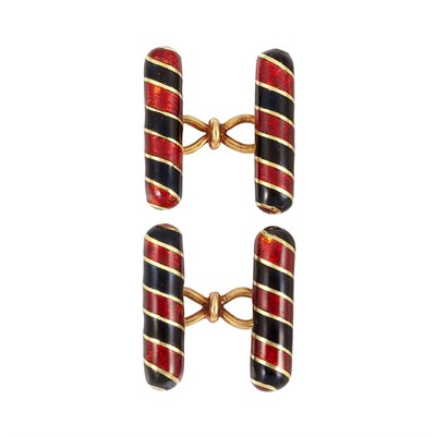 Lot 261 - Pair of Gold and Red and Black Enamel Cufflinks