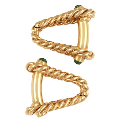 Lot 94 - Pair of Gold and Cabochon Emerald Stirrup Cufflinks, Tiffany & Co.