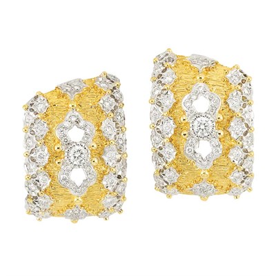 Lot 259 - Pair of Two-Color Gold and Diamond Half-Hoop Earrings