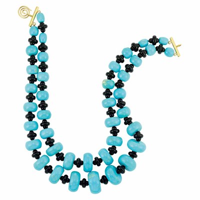 Lot 420 - Double Strand Turquoise and Black Onyx Bead Necklace with Gold Clasp