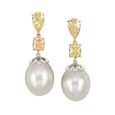 Lot 451 - Pair of Gold, Platinum, Colored Diamond and Cultured Pearl Pendant- Earrings